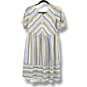 Polagram Women's Button Bodice Short Sleeve Striped Dress Cream Blue Size Medium